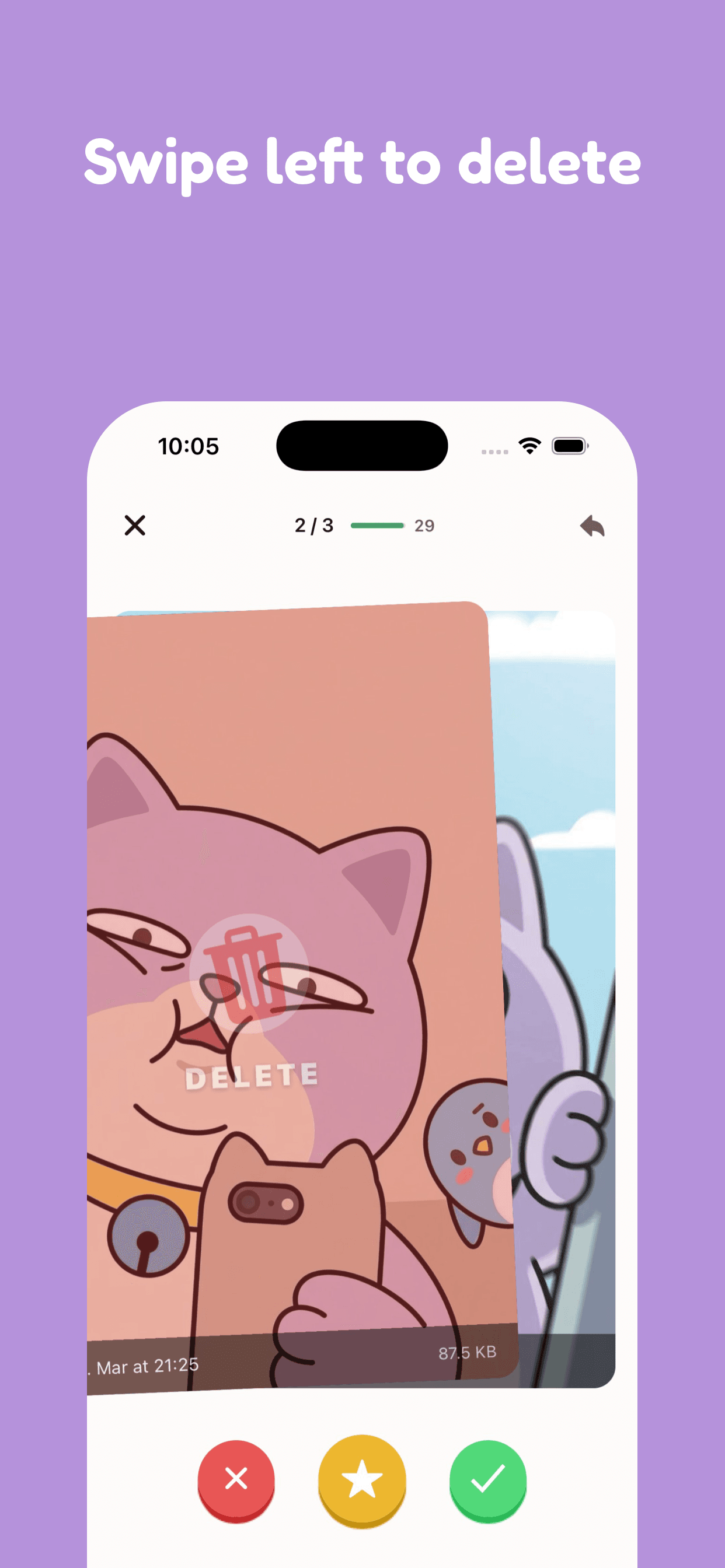Pikondo screen that shows how to swipe left to delete a photo